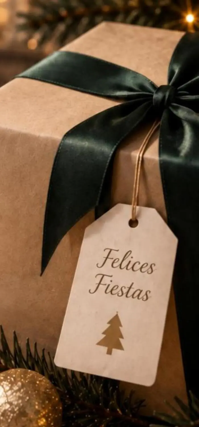 Regalo envuelto en papel kraft con moño de terciopelo verde y tarjeta Felices Fiestas